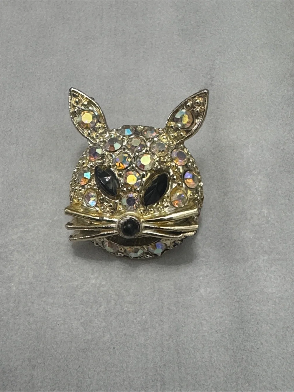 Vintage Rhinestone Cat Face Brooch Pin